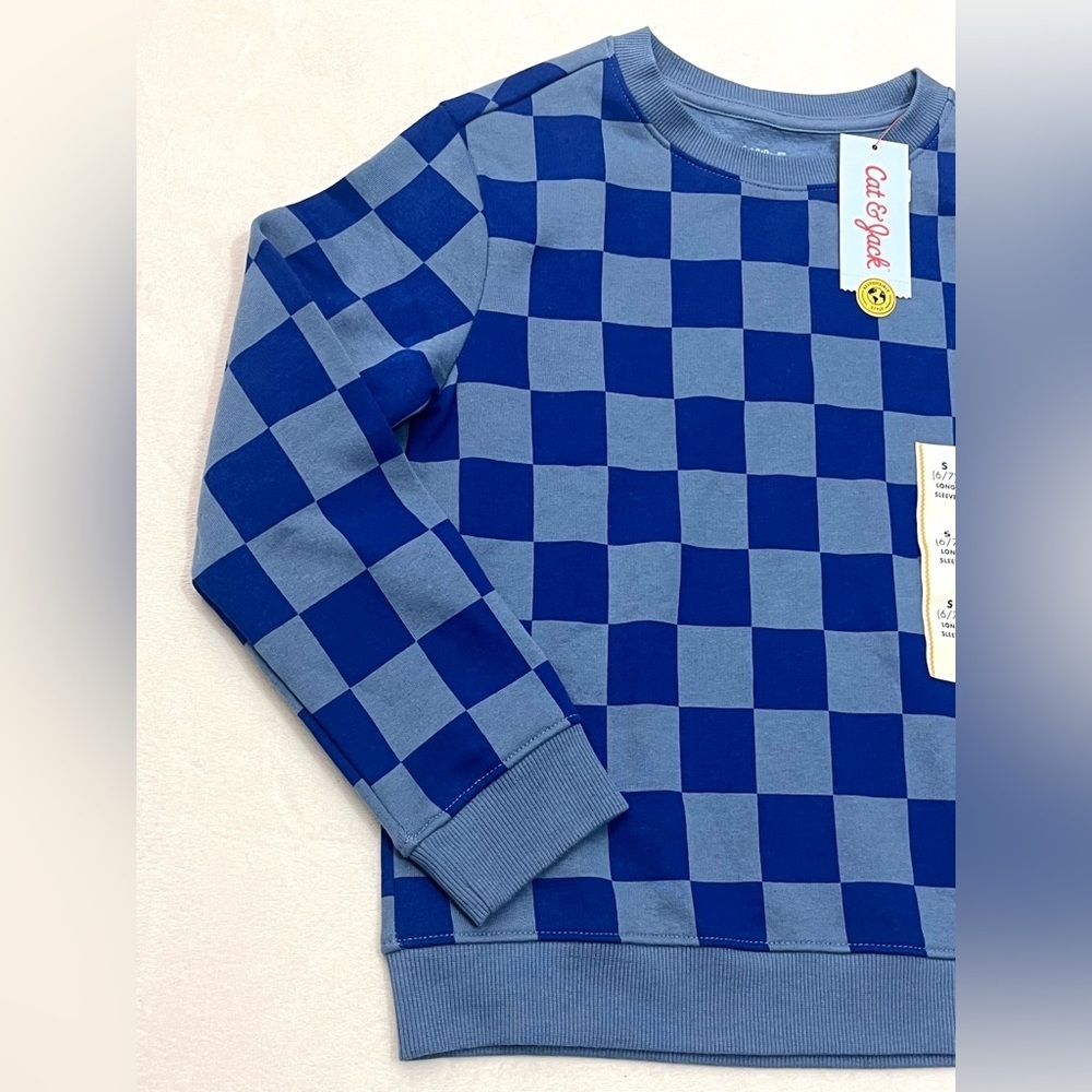 Cat & Jack Children’s Two Tone Blue Checkered Crewneck Boys Sweatshirt 6/7 - Picture 2 of 16